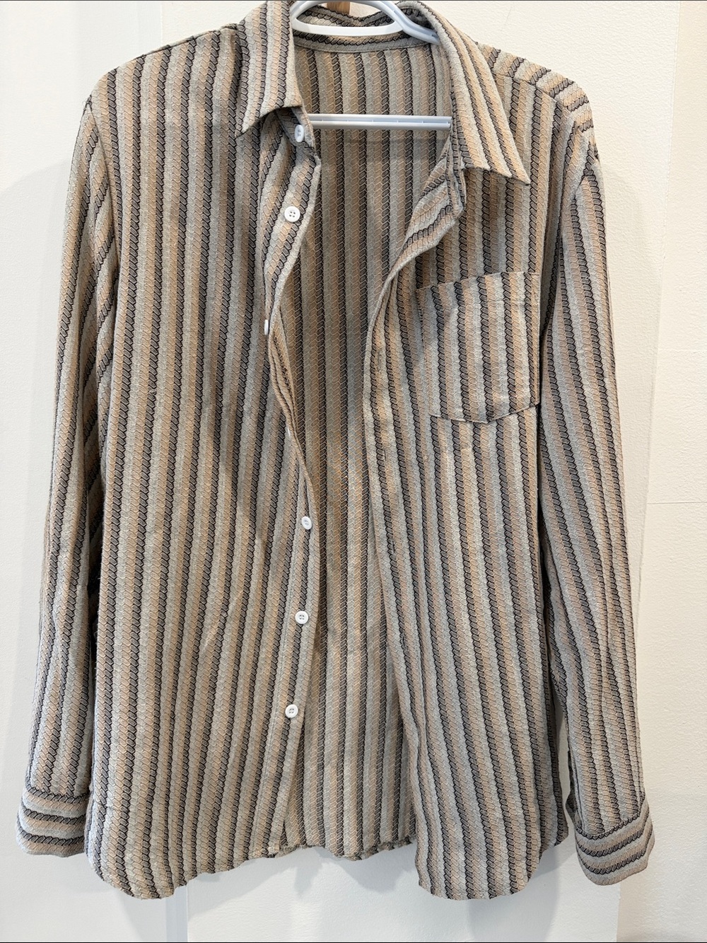 Men's Beige Striped Button-Up Shirt